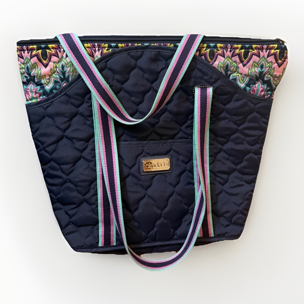 Cinda B Navy Purple Floral Tote Bag Striped Straps Quilted